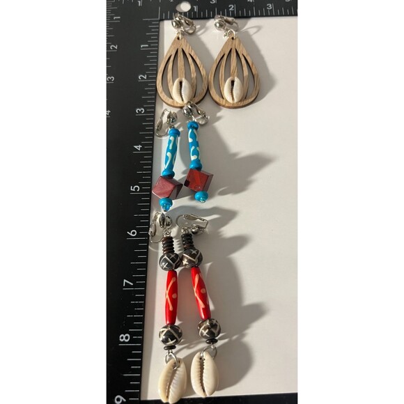 African Bone Cowrie Clip On Earrings 3 Pair Dangles 2-3" Boho Hippie USA Made E5 - Picture 2 of 9